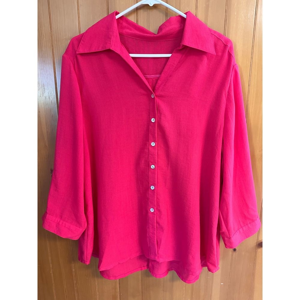 Fridaze Hot Pink 100% Linen‎ Roll Tab Sleeve Button Down Shirt Coastal Grandma L
